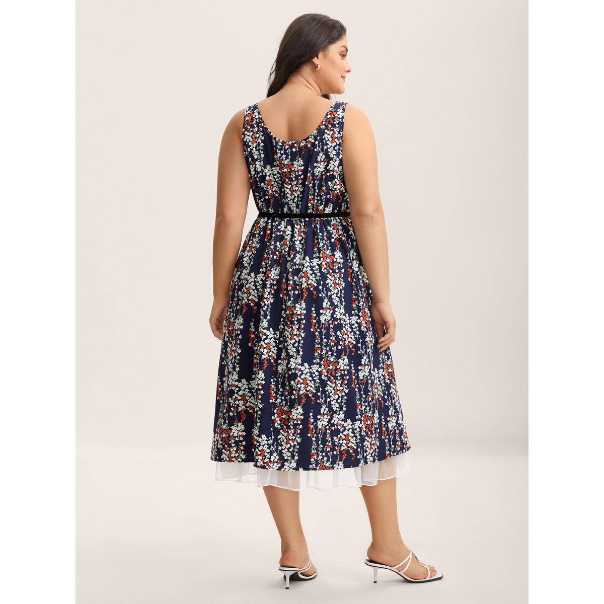Plus Size Ditsy Floral Print Lace Hem Midi Dress Indigo Women Square Neck Sleeveless Curvy BloomChic 14-16/1X Product Image