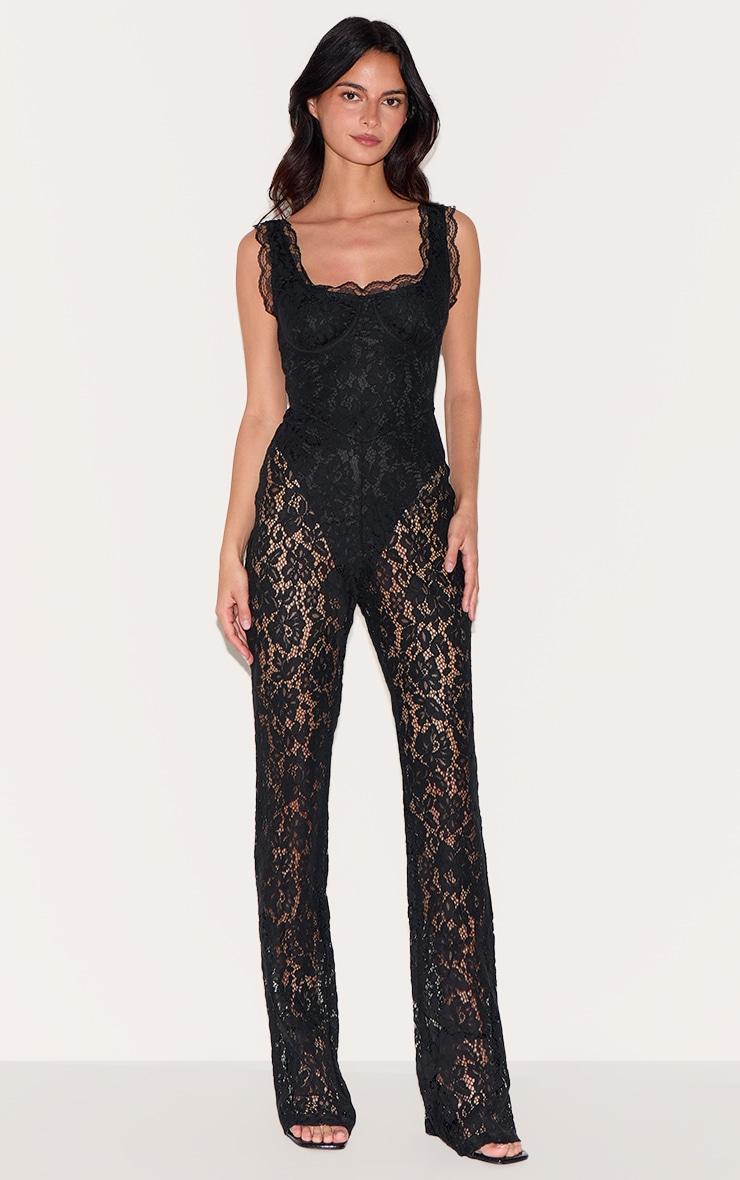 Black Lace Boning Detail Strappy Flared Jumpsuit Product Image