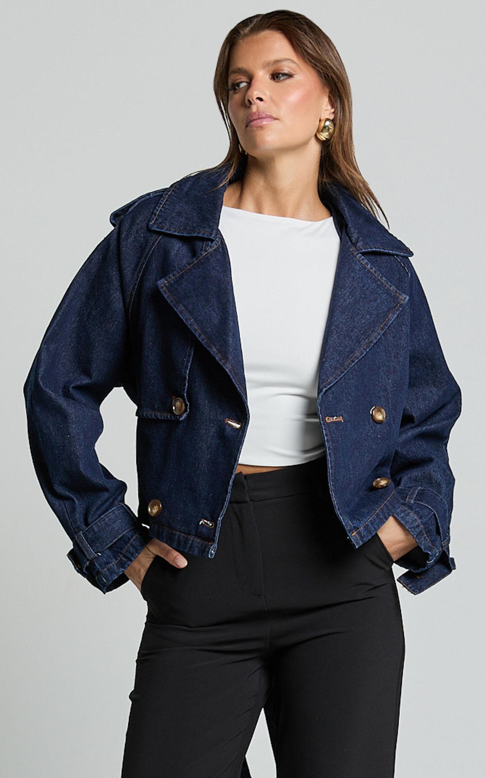 Gabrielle Trench Coat - Tie Waist Cropped Denim Coat in Indigo Product Image