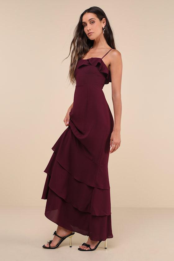 Lively Evenings Plum Purple Sleeveless Tiered Maxi Dress Product Image