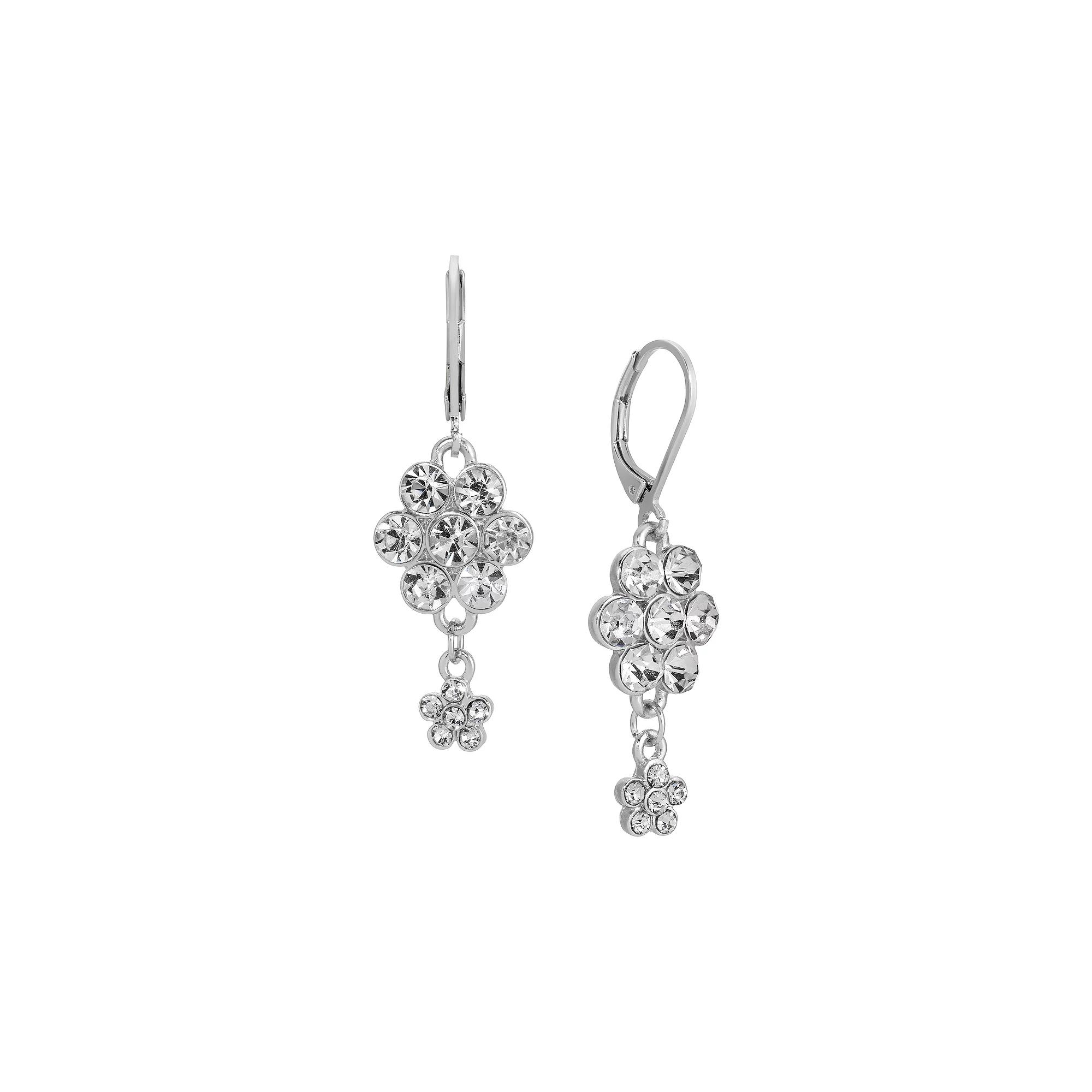 1928 Silver Tone Crystal Flower Cluster Earrings, Womens, White Product Image
