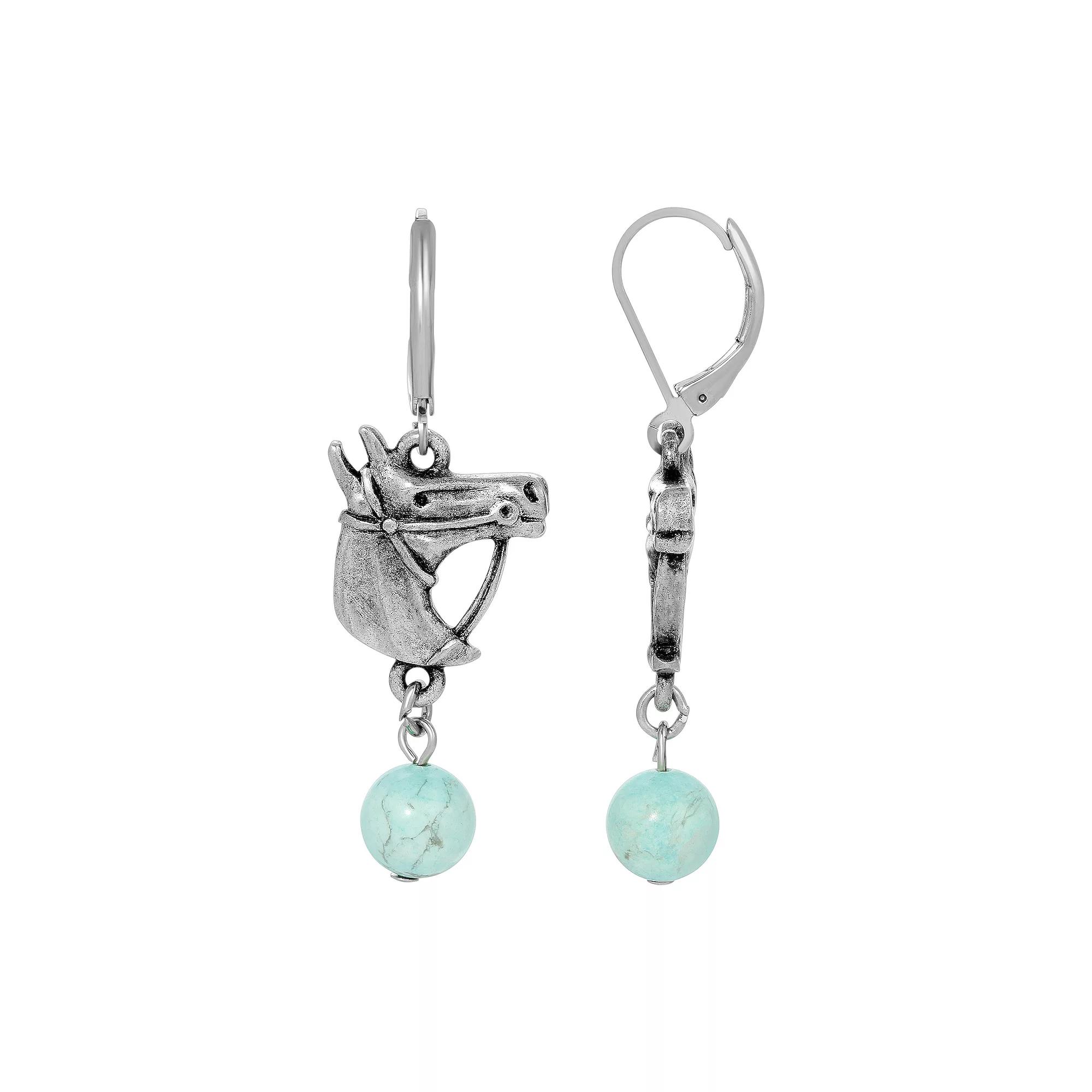 1928 Silver Tone Turquoise Bead Horse Head Earrings, Womens Product Image