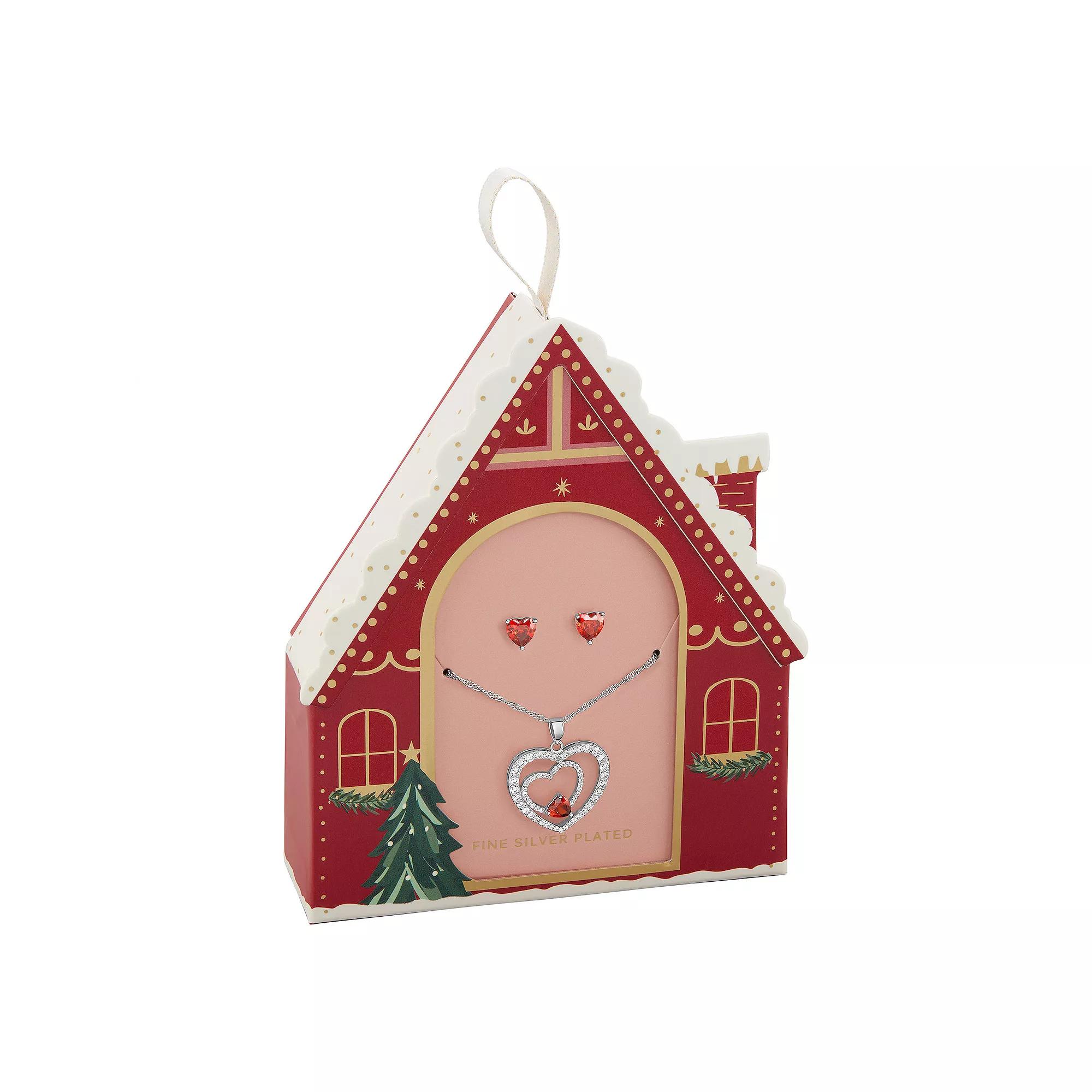 Brilliance Silver Plated Garnet & Cubic Heart Pendant Necklace & Stud Earring Set, Women's, Size: 18", Silver Tone Red Product Image