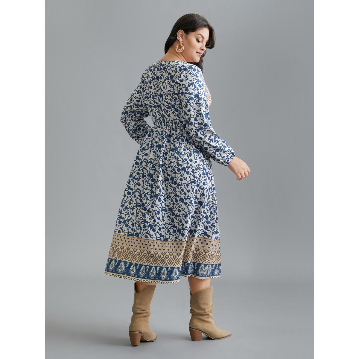 Plus Size Boho Print V-Neck Waist Cinched Midi Dress Mediumblue Women Resort Non V-neck Long Sleeve Curvy BloomChic 10/M Product Image