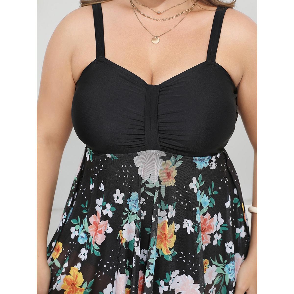 Plus Size Floral Patchwork Ruched Front Hanky Hem Swim Dress Women's Swimwear BlackFlower Vacation Bodycon High stretch Curve Swim Dresses BloomChic 10/M Product Image
