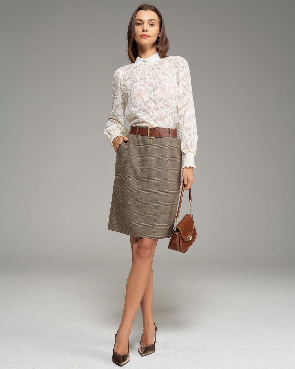 Khaki Plaid Natural Waisted Pencil Skirt Product Image