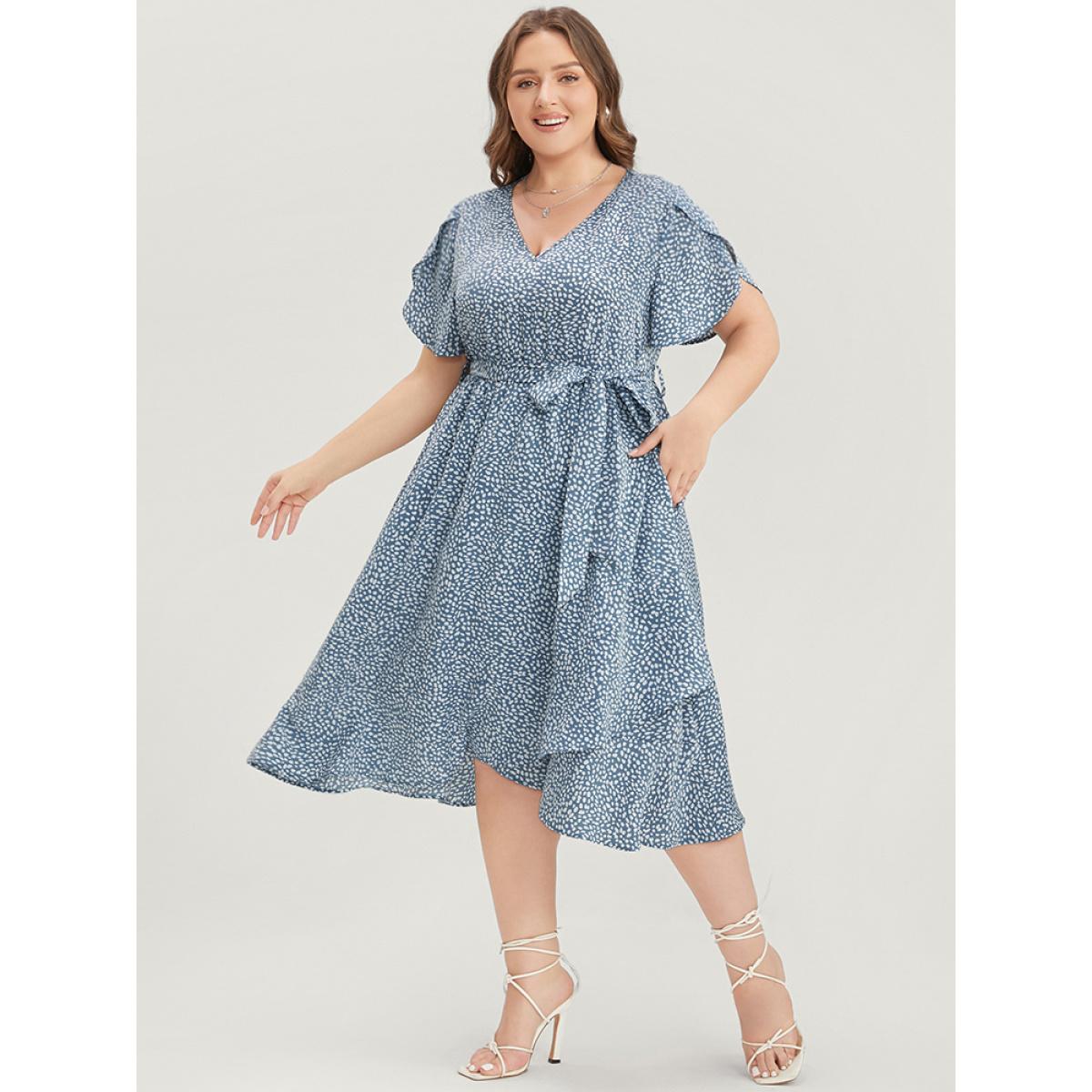 Plus Size Polka Dot Split Sleeve Ruffle Pocket Belted Asymmetrical Hem Dress LightBlue Women Elegant Cross straps V-neck Short sleeve Curvy Midi Dress BloomChic 30/6X Product Image