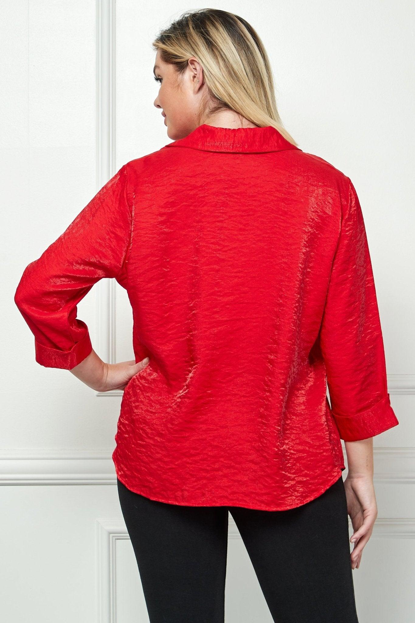 3/4 Flare Sleeve Cutout Neck Bubble Blouse in Red -Plus Product Image