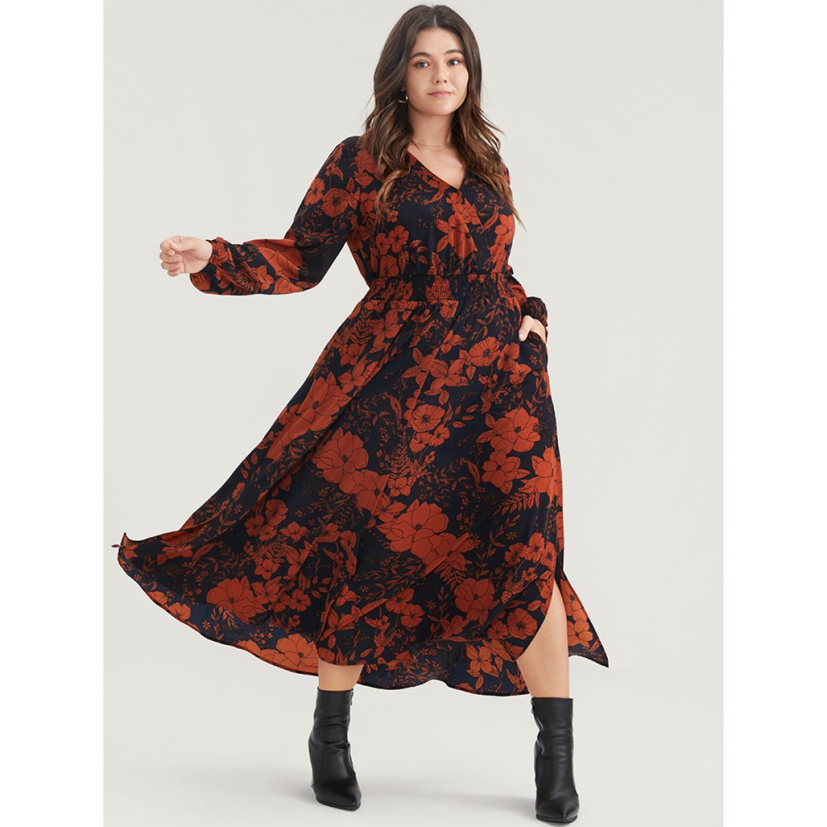 Plus Size Floral Print Pocket Wrap Lantern Sleeve Split Hem Dress Navy Women Elegant Pocket V-neck Long Sleeve Curvy Midi Dress BloomChic 10/M Product Image