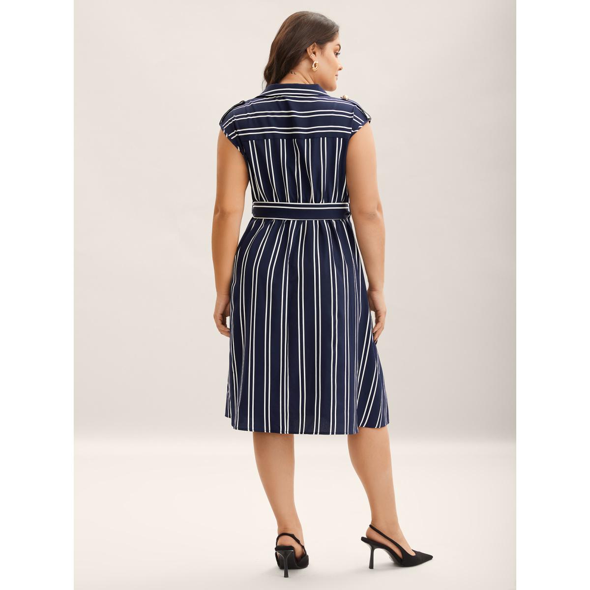 Plus Size Stripe Print Zipper Belted Midi Dress Navy Women Office Shirt collar Sleeveless Curvy BloomChic 30/6X Product Image
