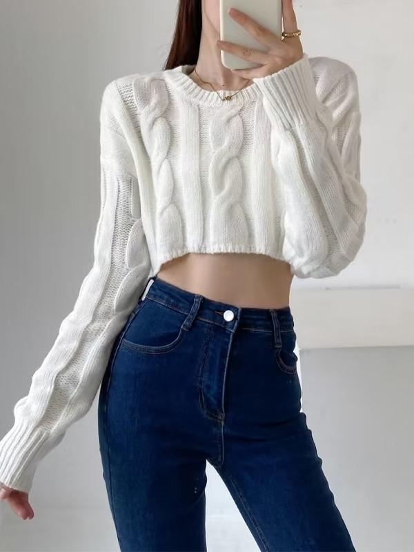 Solid Color Cable Knit Cropped Sweater Product Image