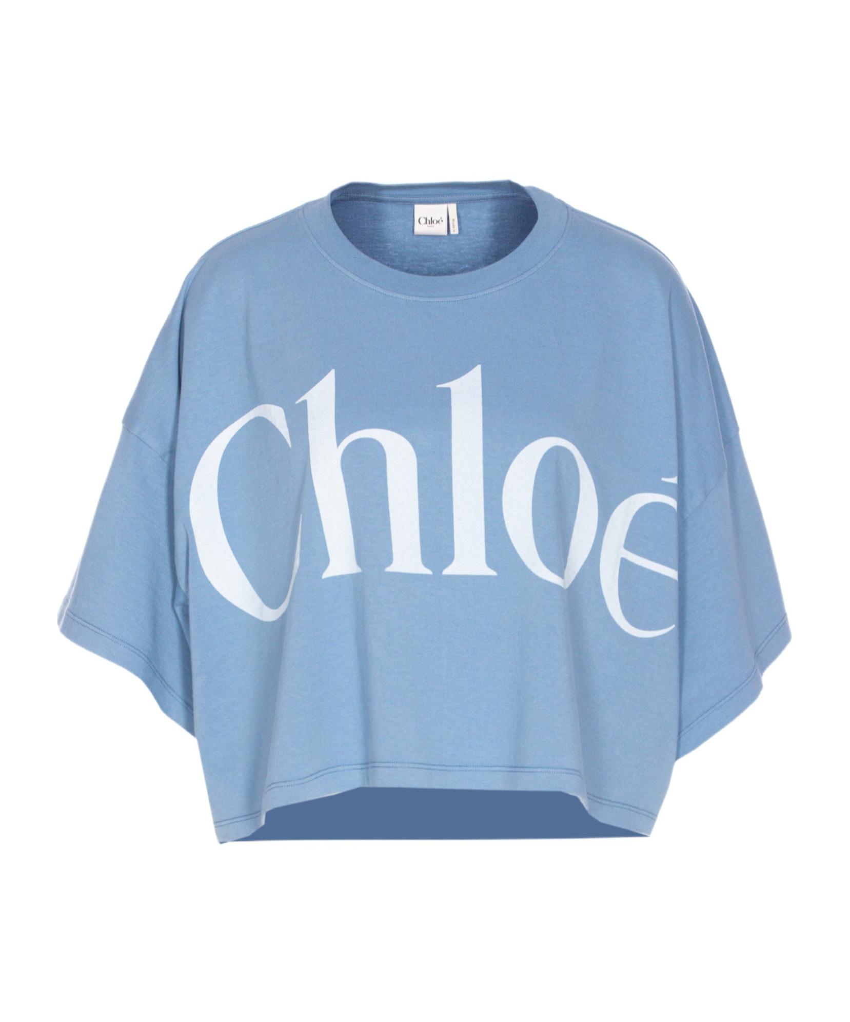 CHLOÉ Women Light Blue Jersey Cropped Logo T-shirt Product Image