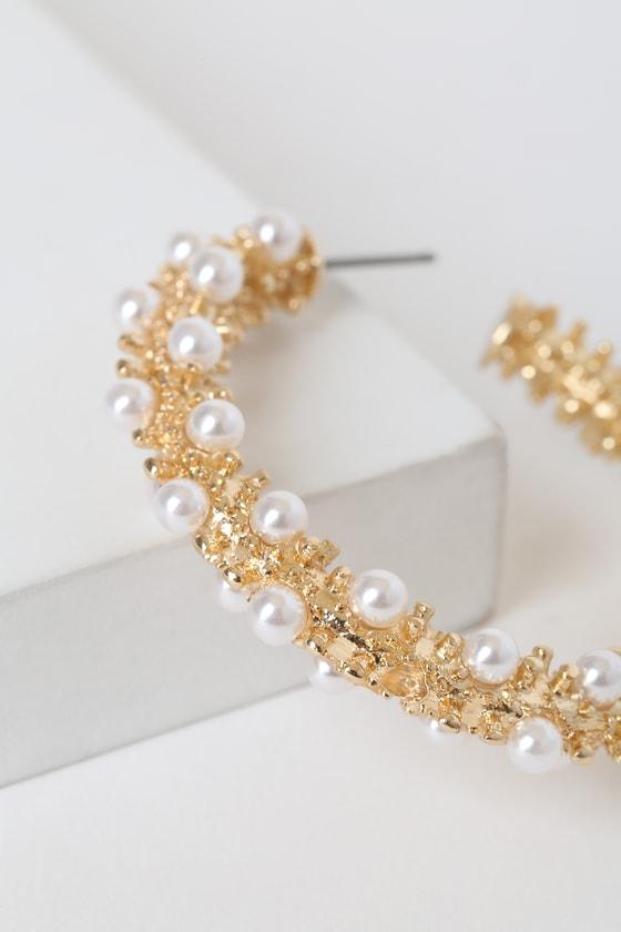 Prized Treasure Gold Pearl Hoop Earrings Product Image