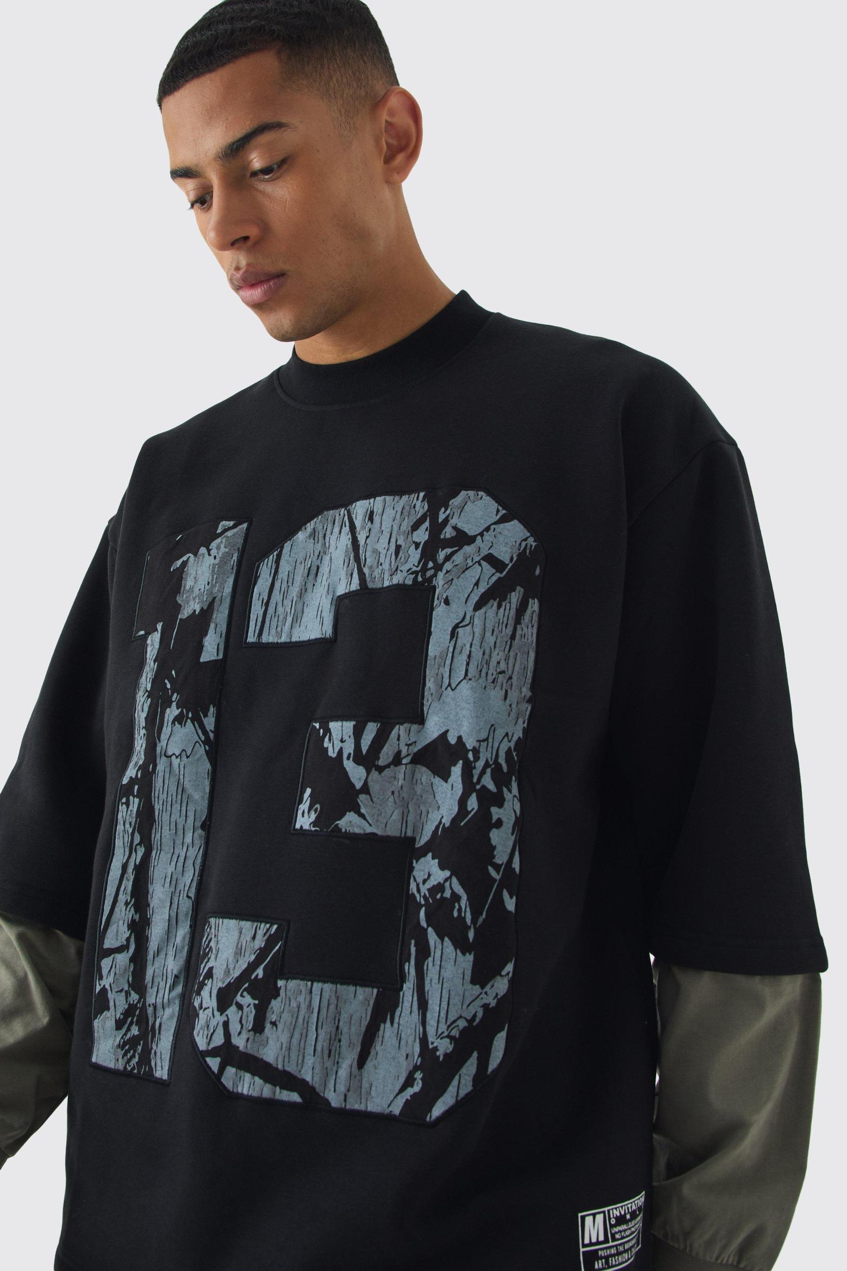 Oversized Half Sleeve Faux Layer 13 Applique Sweatshirt | boohooMAN USA Product Image