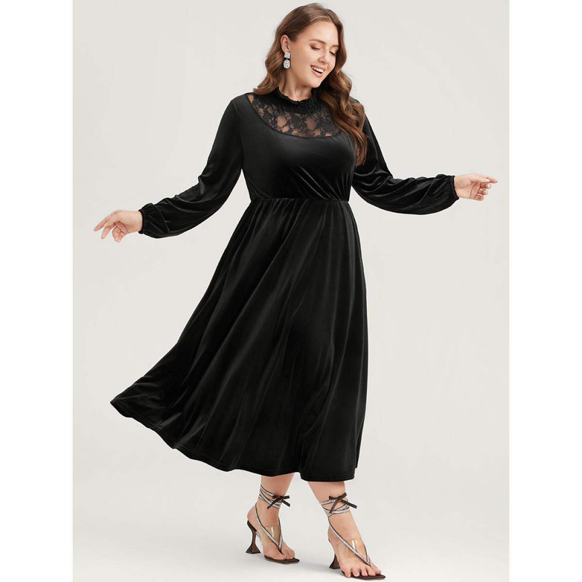 Plus Size Solid Lace Pocket Velvet Shirred Mock Neck Flutter Dress Black Women Glamour Patchwork Mock Neck Long Sleeve Curvy Midi Dress BloomChic 14-16/1X Product Image