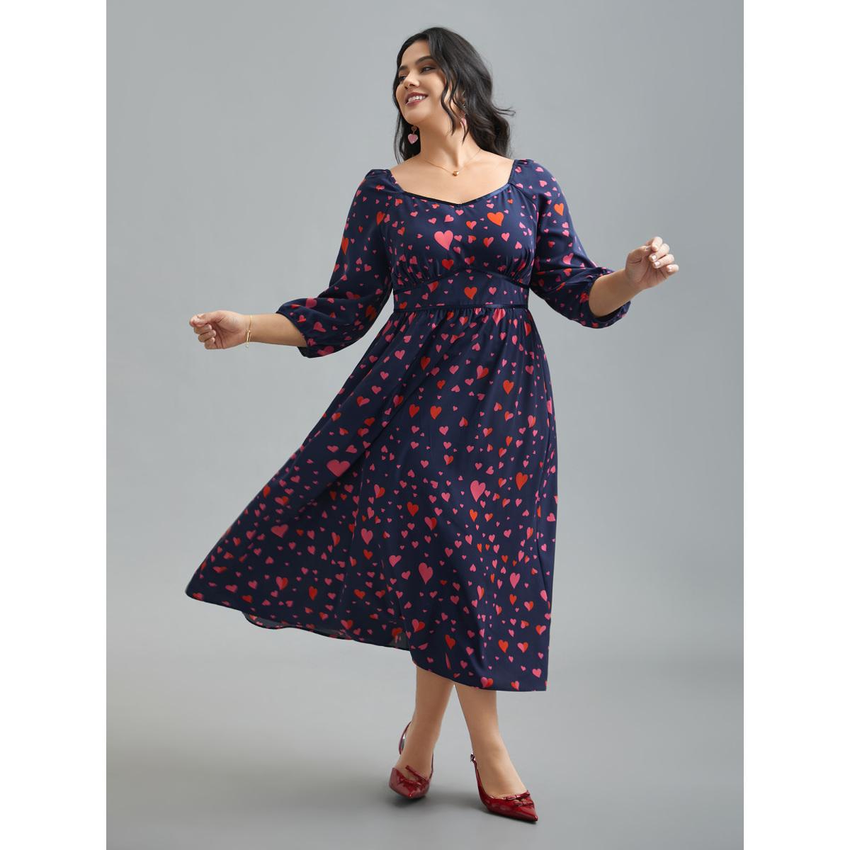 Plus Size Hearts Print Contrast Webbing Pocket Dress Navy Women Elegant Woven ribbon&lace trim Heart neckline Elbow-length sleeve Curvy BloomChic 22-24/3X Product Image