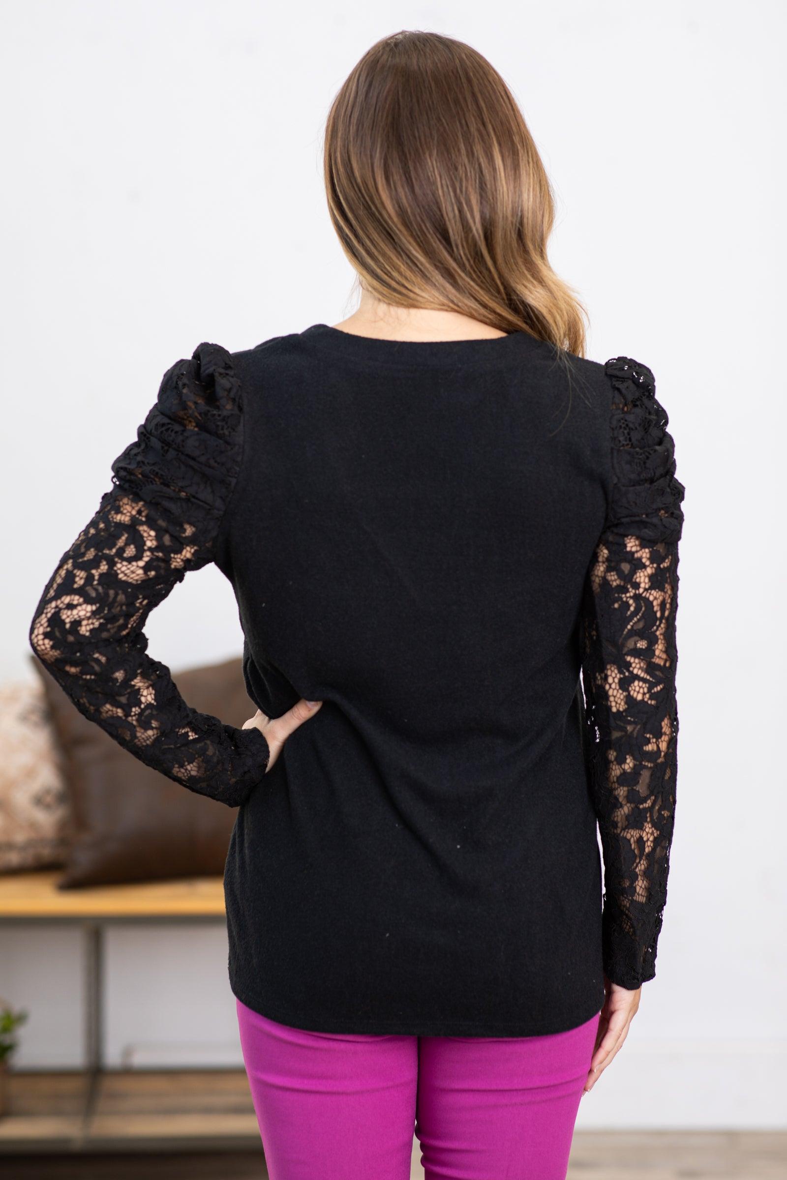 Black V-Neck Puff Lace Sleeve Sweater Product Image