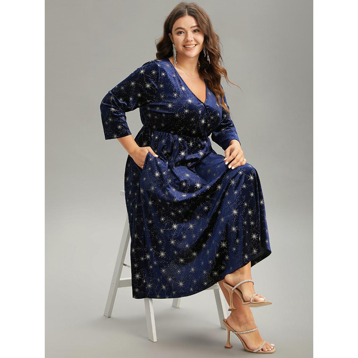 Plus Size Christmas Velvet Star Glitter Wrap Pocket Dress DarkBlue Women Casual Velvet Overlap Collar Elbow-length sleeve Curvy Midi Dress BloomChic 30/6X Product Image