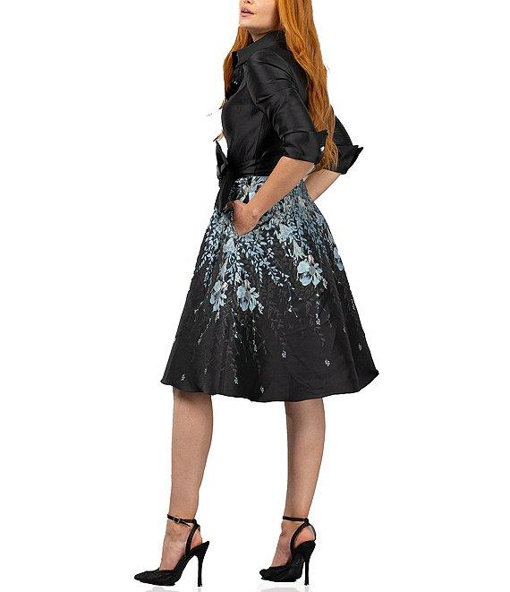 Terani Couture Point Collar 3/4 Sleeve Floral Print Jacquard Shirtdress Product Image