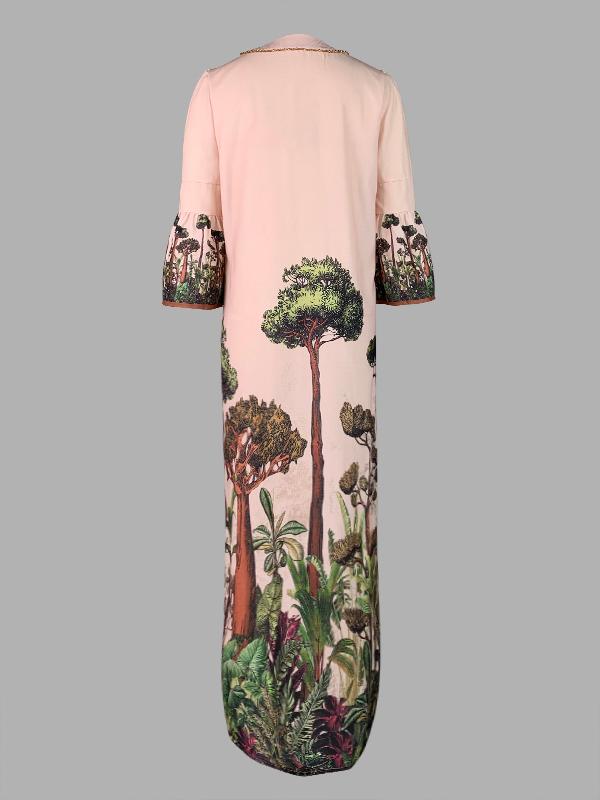 Flared Sleeves Loose Leaves Print V-Neck Maxi Dresses Product Image