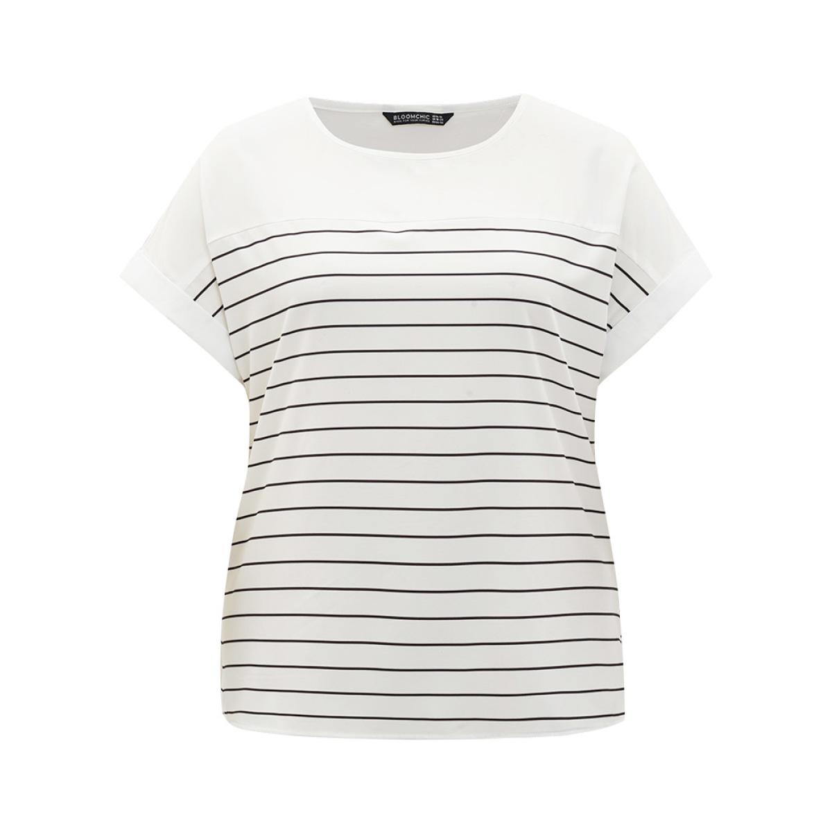 Plus Size White Striped Patchwork Roll Batwing Sleeve Blouse Women Office Short sleeve Round Neck Work Blouses BloomChic 22-24/3X Product Image