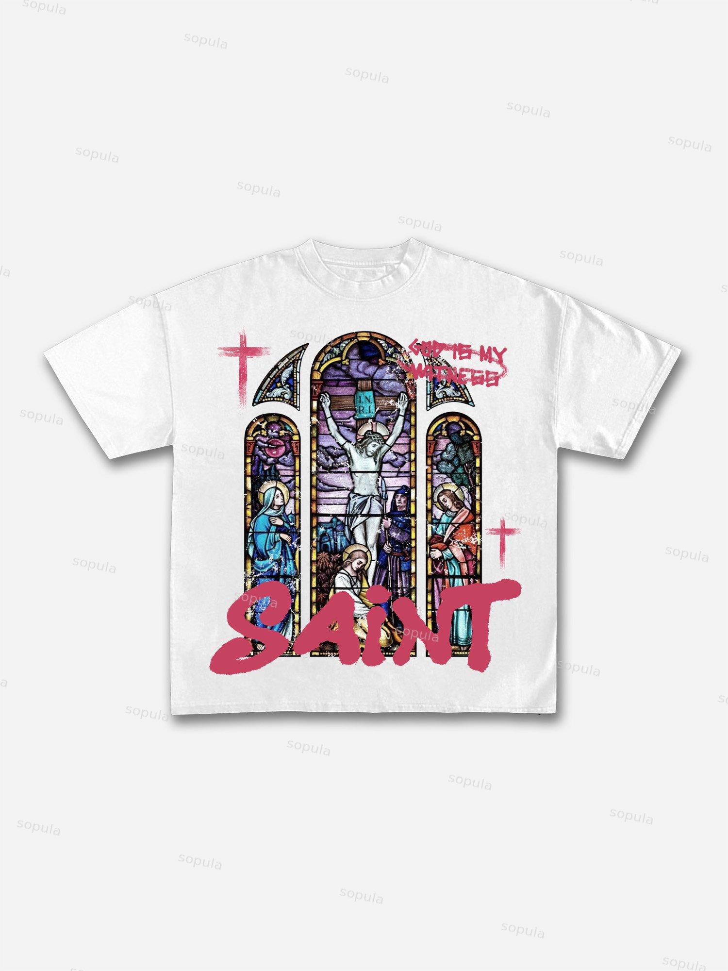 Jesus Church Window Vintage Graphic Cotton T-shirt Product Image