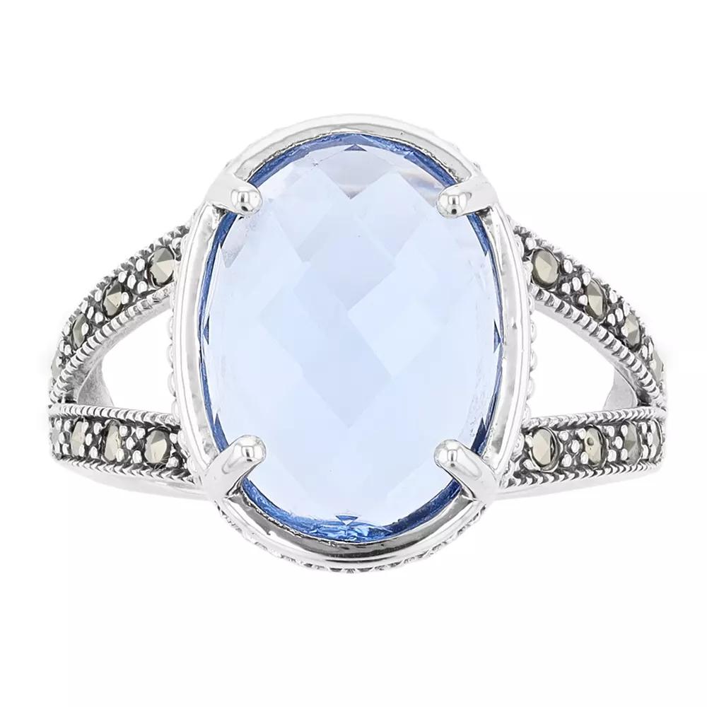 Lavish by TJM Sterling Silver Oval Synthetic Blue Quartz & Marcasite Ring, Women's, Size: 6 Product Image