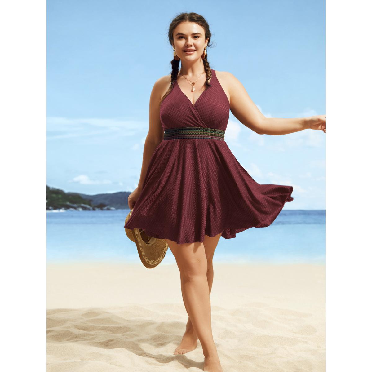 Plus Size Overlap Collar Textured Gathered Pocket Swim Dress Women's Swimwear Deepred Beach Bodycon Overlap Collar High stretch Curve Swim Dresses BloomChic 26/4X Product Image