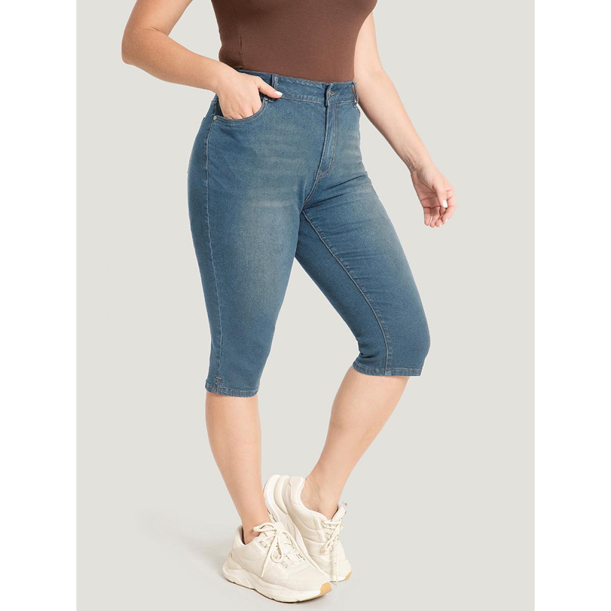 Plus Size Skinny Very Stretchy Dark Wash Split Knee Denim Shorts Women Aegean High stretch Dailywear Side seam pocket Casual Denim Shorts BloomChic 30/6X Product Image