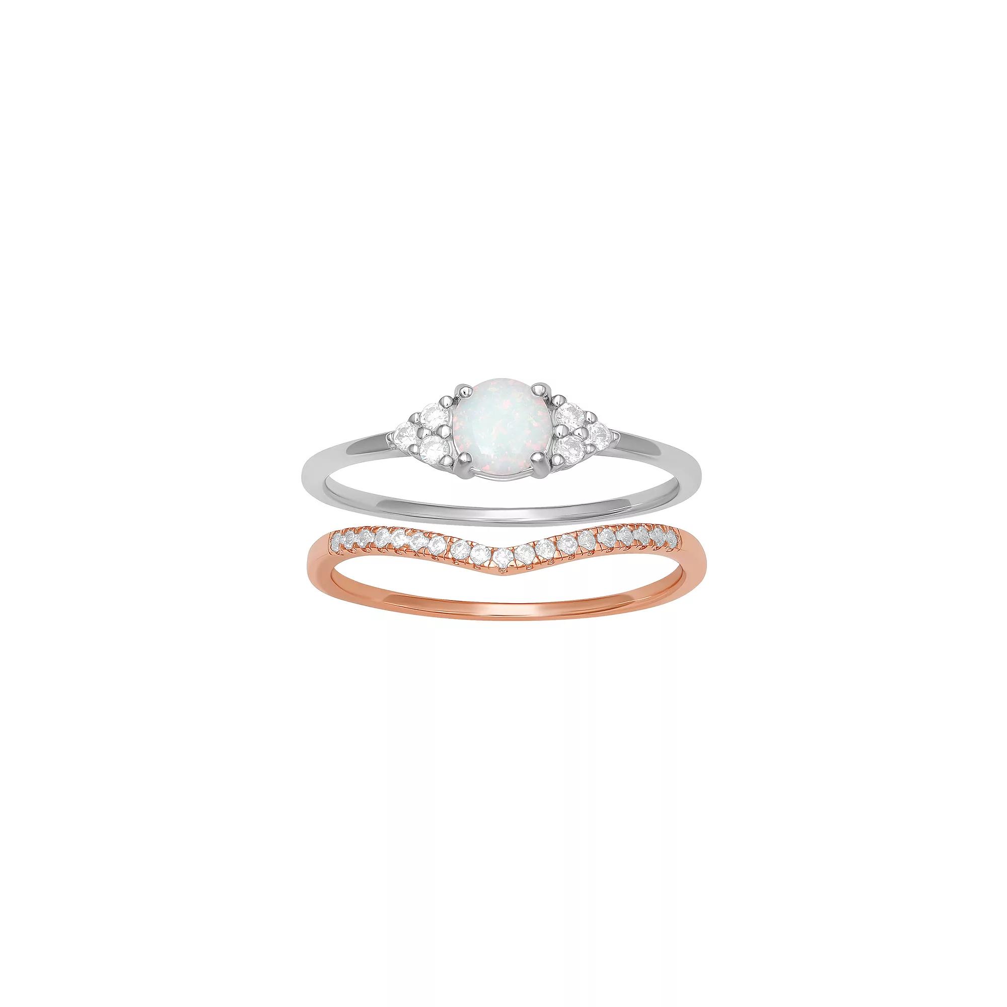 PRIMROSE Sterling Silver Opal & 18k Rose Gold Over Silver Cubic Zirconia V-Shaped Stackable Ring Duo Set, Women's, Rose Gold Over Sterlin Product Image