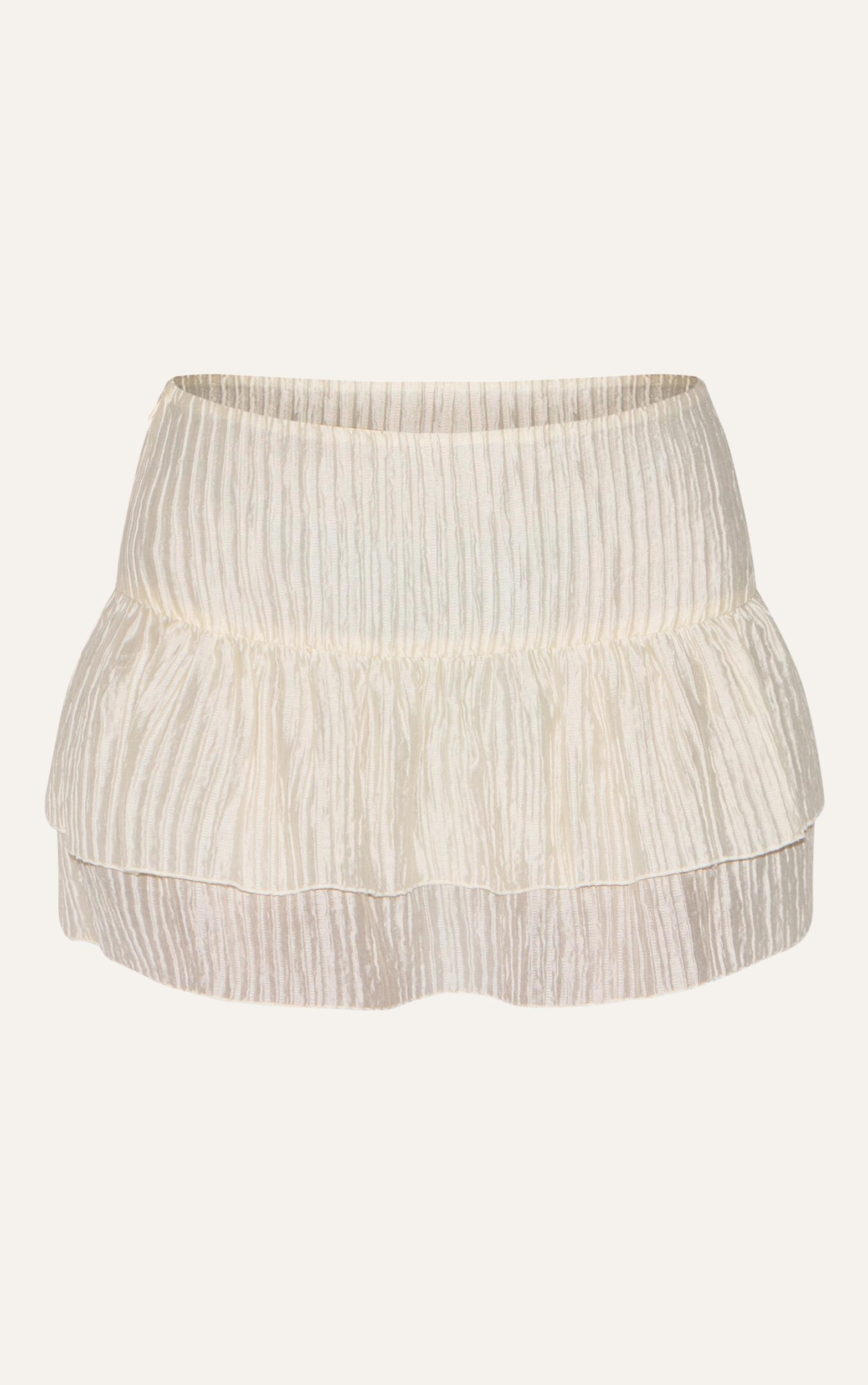 Almond Crinkle Woven Dropped Waist Frilly Mini Skirt Product Image