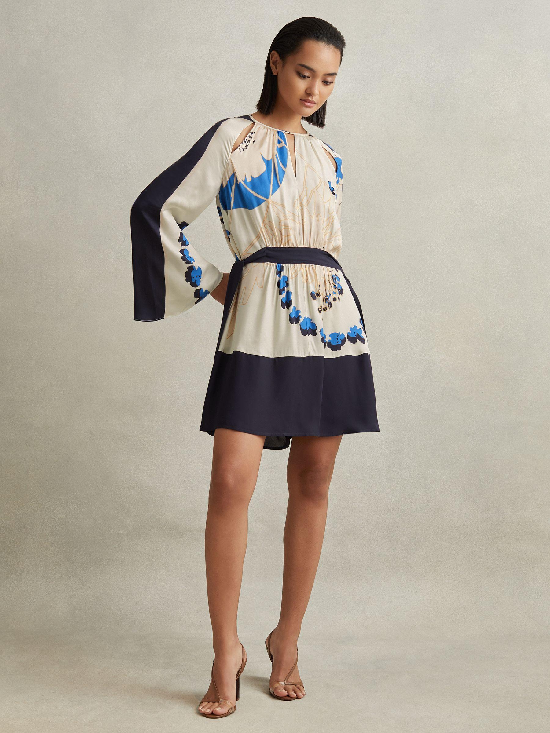 Printed Side Tie Mini Dress in Navy/Blue Product Image