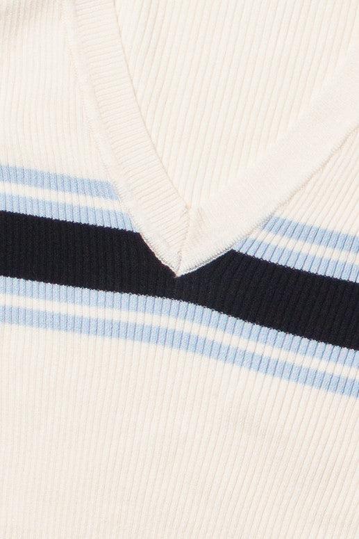 Ribbed V Neck Stripe Sweater Product Image