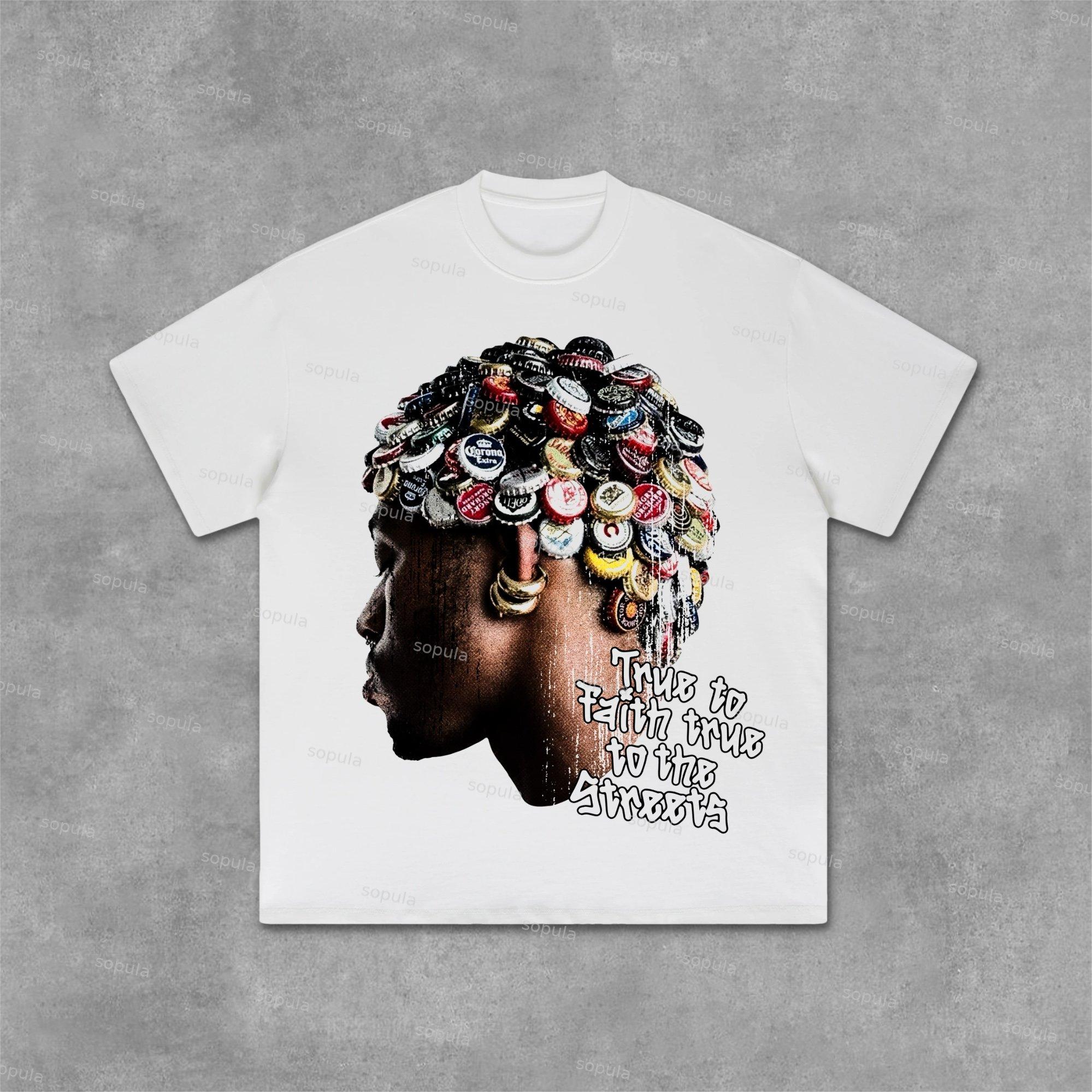 Street Fashion Retro Men's Head Graphic Cotton T-Shirt Product Image