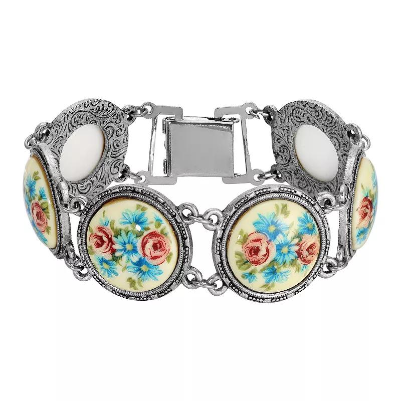 1928 Silver Tone Blue and Pink Rose Round Stone Link Bracelet, Women's Product Image