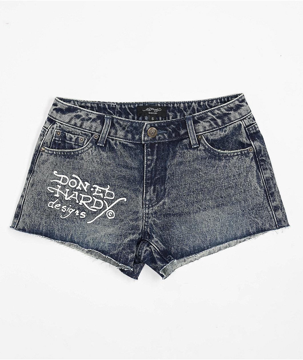 Ed Hardy Heart Dagger Blue Wash Denim Cutoff Shorts Product Image