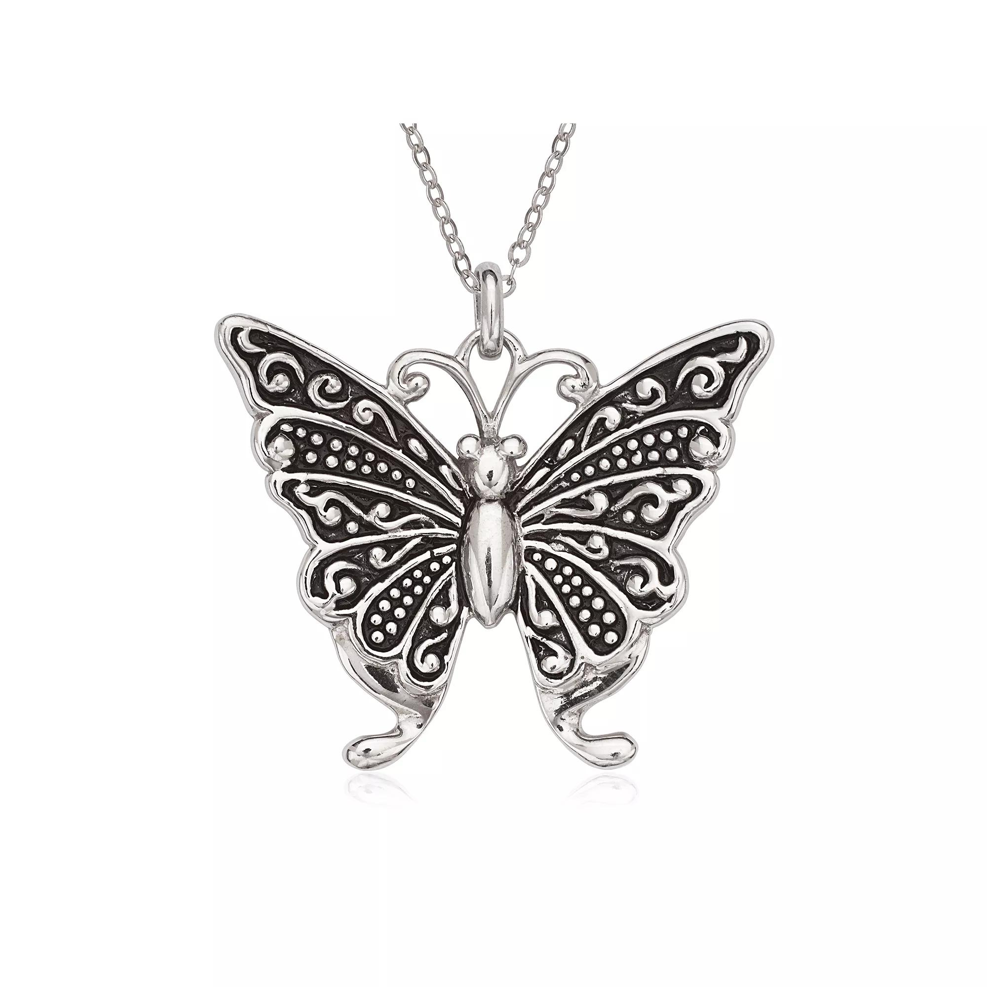 Sterling Silver Oxidized Butterfly Pendant Necklace, Women's, Size: 18" Product Image