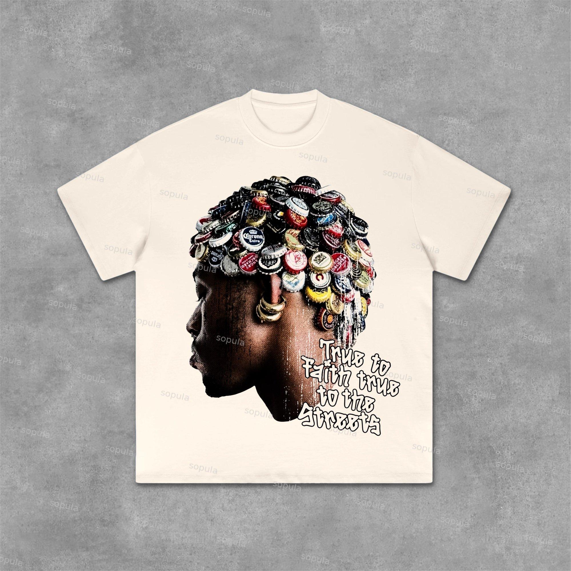 Street Fashion Retro Men's Head Graphic Cotton T-Shirt Product Image