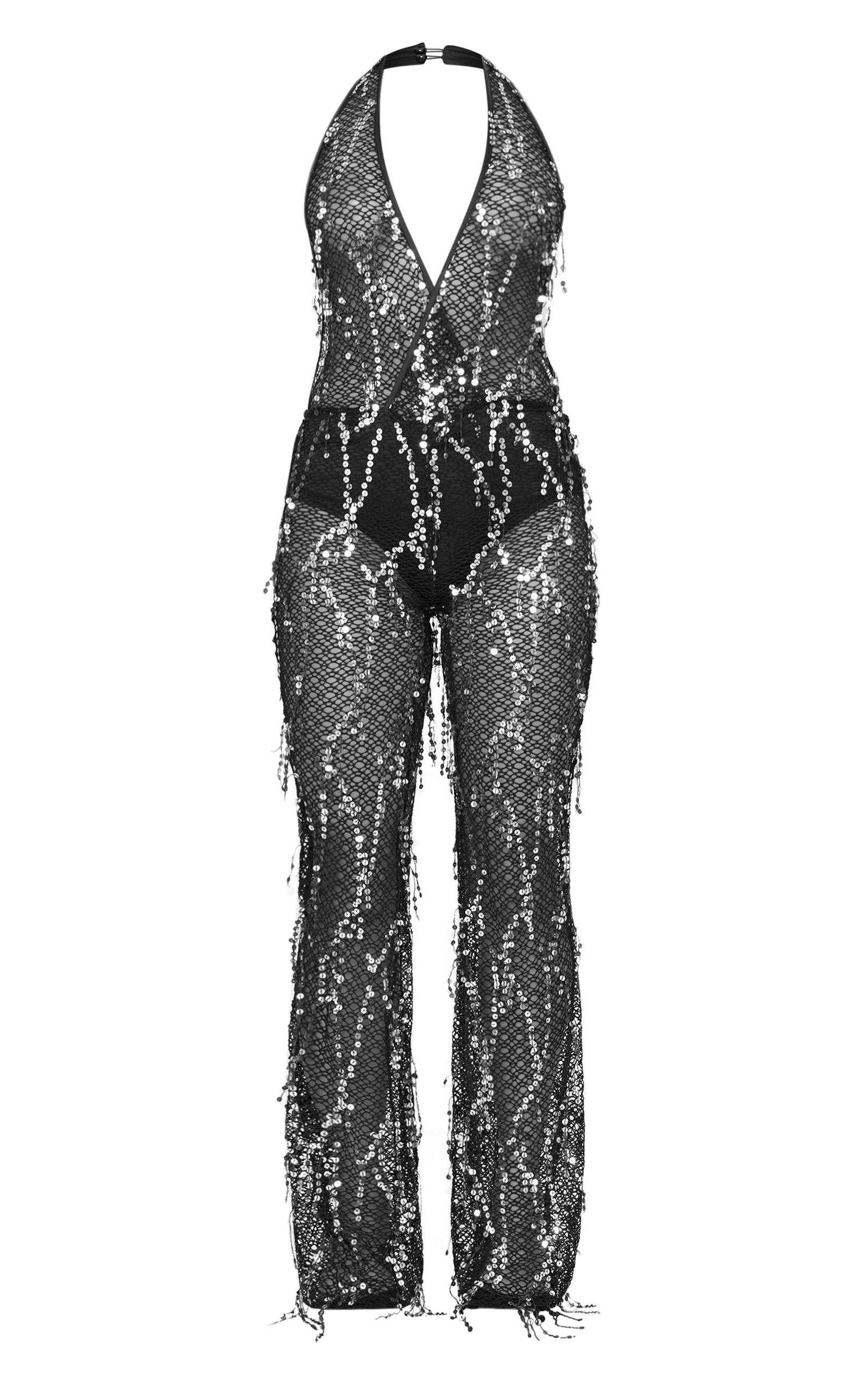 Black Sequin Fishnet Halterneck Jumpsuit Product Image