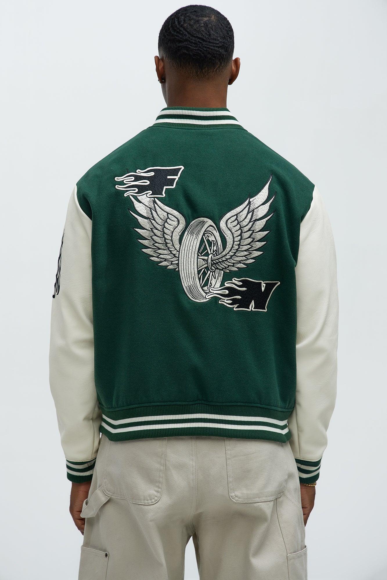Biker Faux Leather Varsity Jacket - Green/combo Product Image