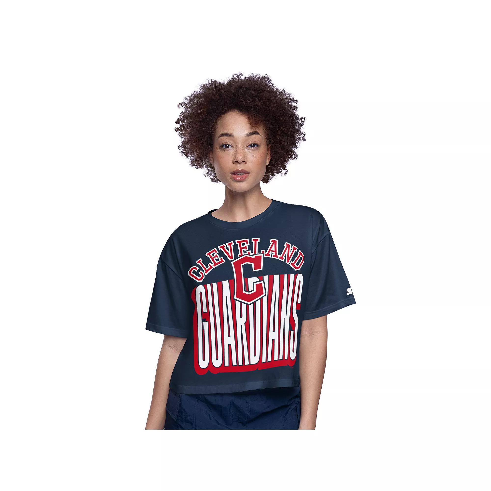 Women's Starter Navy Cleveland Guardians Play the Ball Boxy Cropped T-Shirt,  Product Image