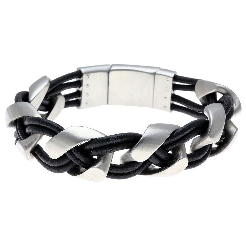 Men's LYNX Two Tone Sterling Silver Braided Black Leather Bracelet, Size: 9" Product Image