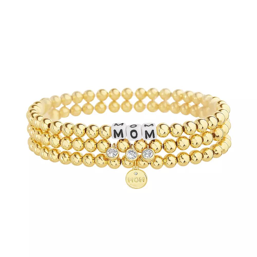 Guided by Faith 14k Gold Plated Beaded Mom 3-Piece Stretch Bracelet Set with Mom Disc & Cubic Zirconia Charms, Womens Gold Tone Product Image