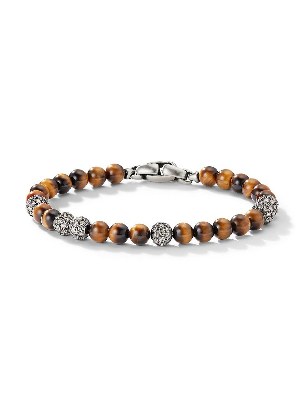 David Yurman Mens Sterling Silver Spiritual Beads Tigers Eye & Cognac Diamond Pave Beaded Bracelet Product Image