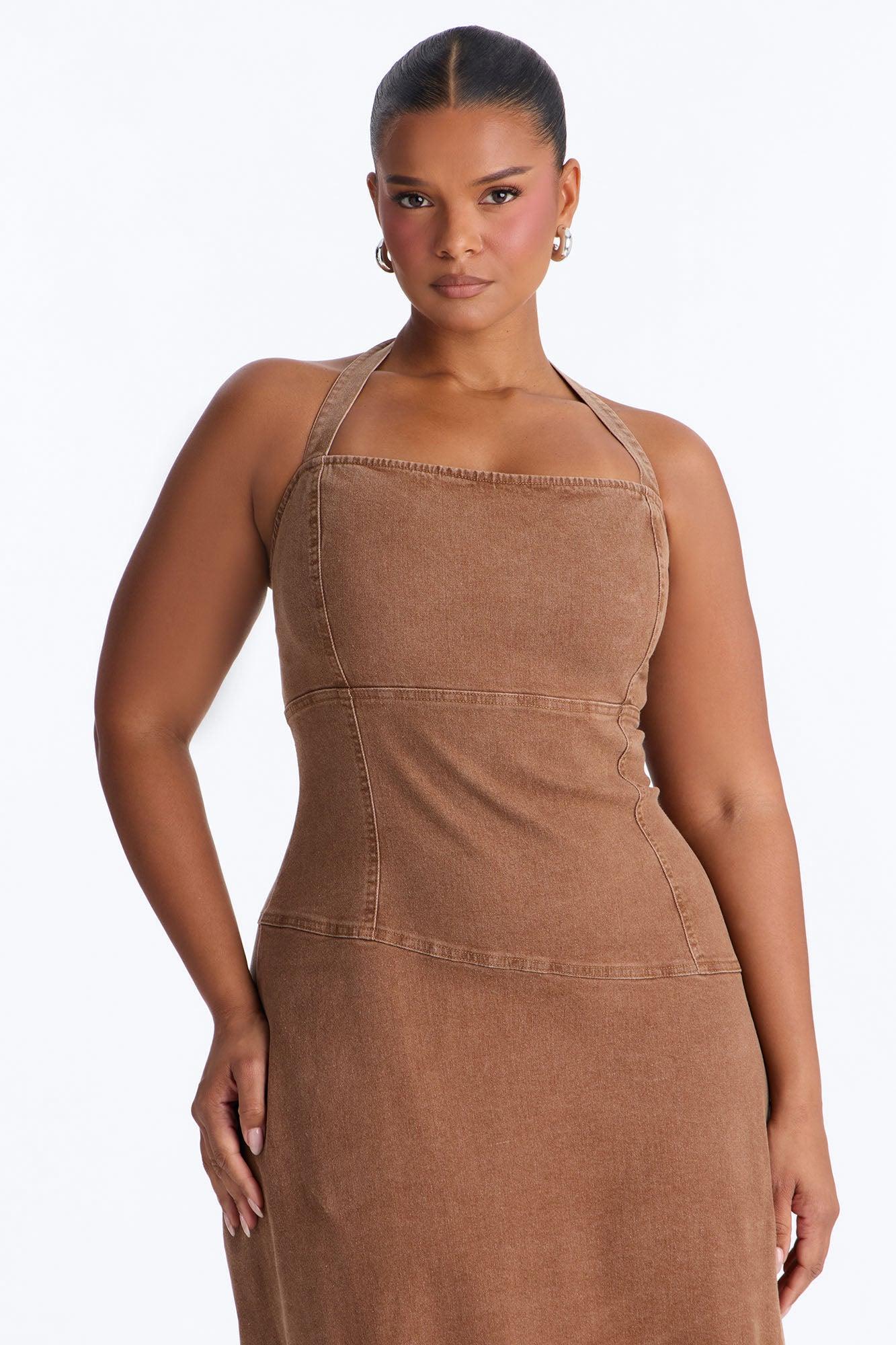 Carina Asymmetrical Denim Midi Dress - Chocolate Female Product Image
