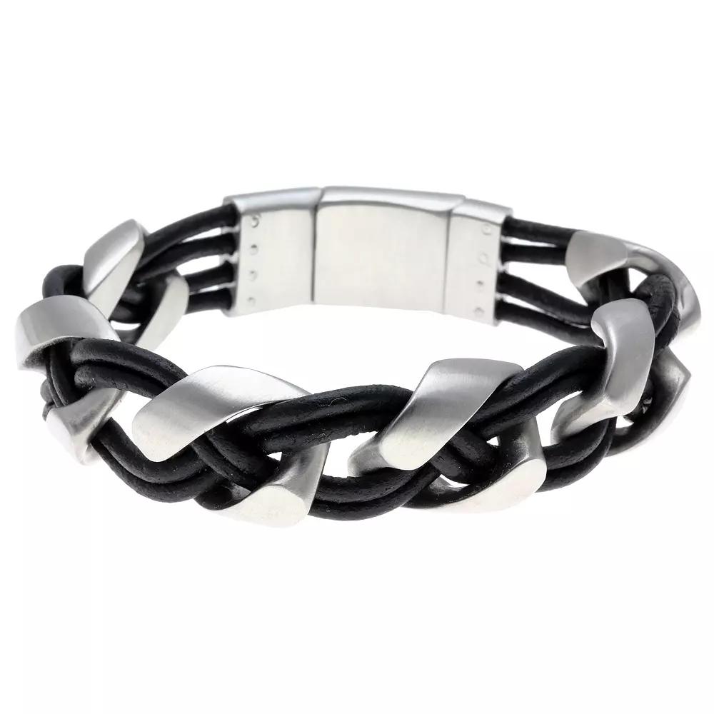 Men's LYNX Two Tone Sterling Silver Braided Black Leather Bracelet, Size: 9" Product Image