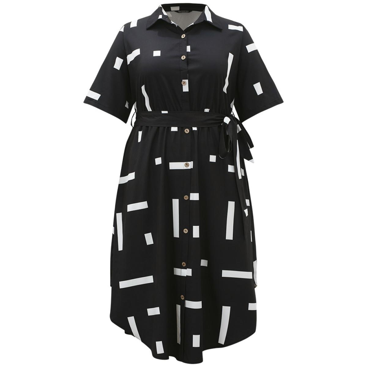 Plus Size Geometric Print Shirt Collar Button Up Belted Dress Black Women Office Belted Shirt collar Short sleeve Curvy Midi Dress BloomChic 30/6X Product Image