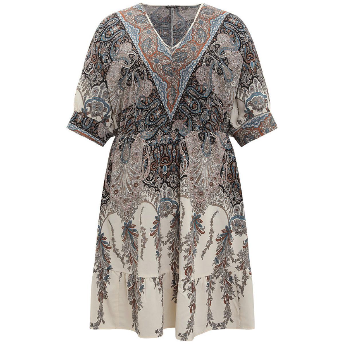 Plus Size Bandana Print Pocket Elastic Waist Patchwork Dress Multicolor Women Vacation Printed V-neck Elbow-length sleeve Curvy Midi Dress BloomChic 18-20/2X Product Image