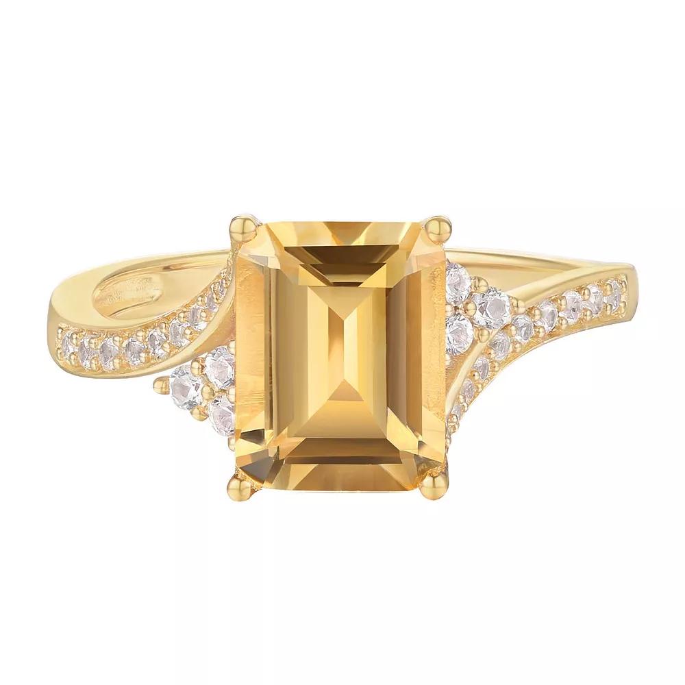14k Gold Over Silver Emerald-Cut Citrine & Lab-Created White Sapphire Ring, Women's, Size: 7, Gold Tone Product Image