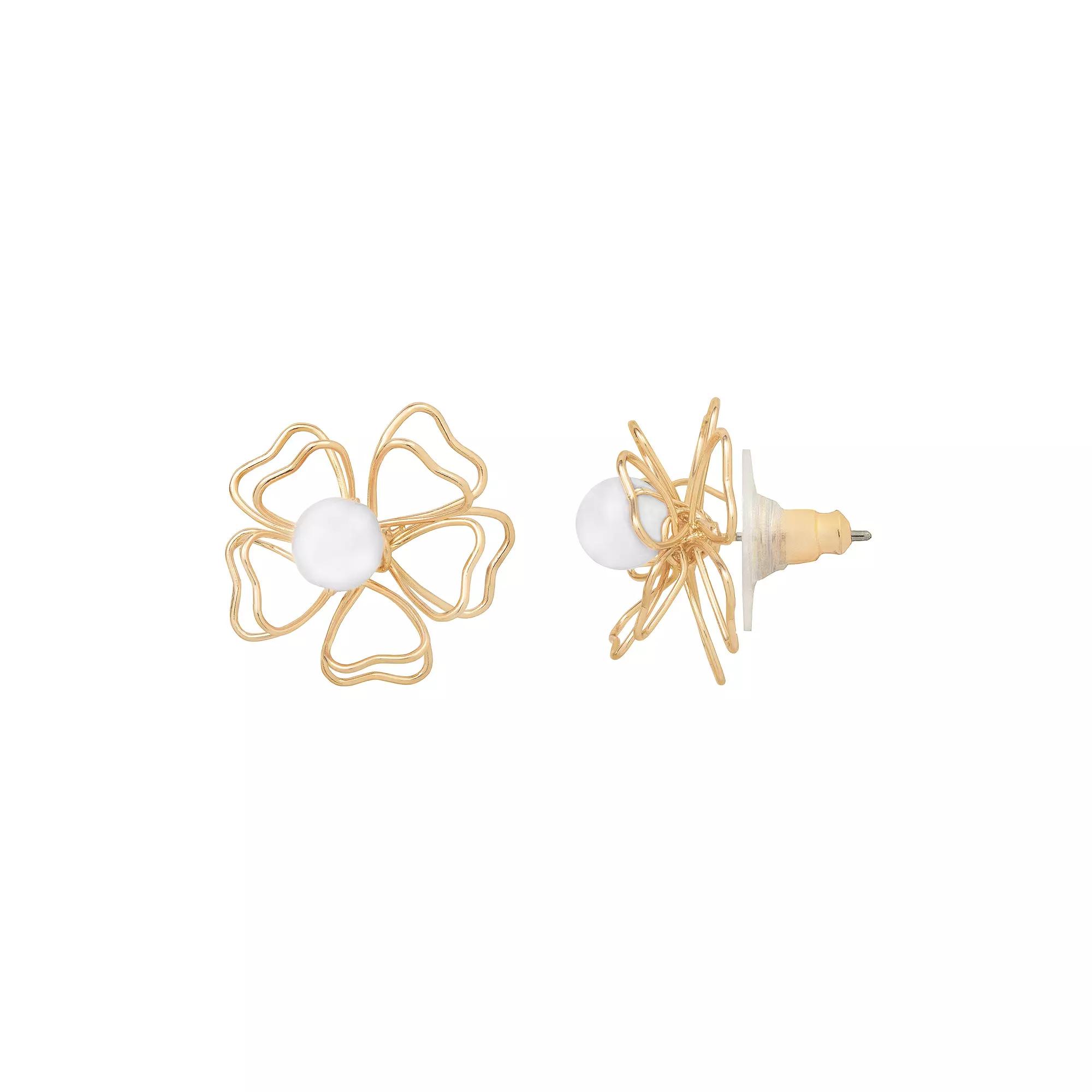Emberly Gold Tone White Bead Wire Flower Post Earrings, Women's Product Image